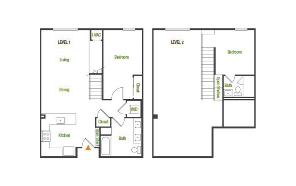 A8 - 1 bedroom floorplan layout with 2 baths and 942 square feet.