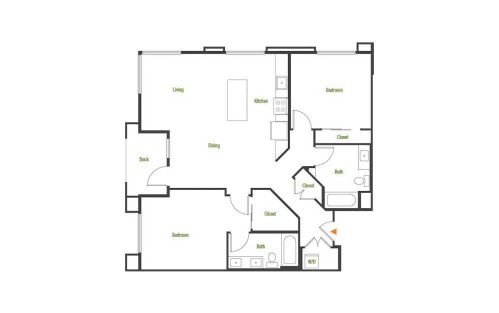 B2 - 2 bedroom floorplan layout with 2 baths and 1173 square feet.